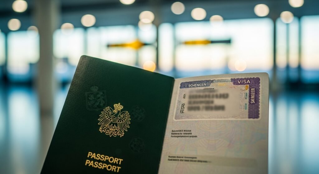 Approved Schengen visa sticker in a Pakistani passport.