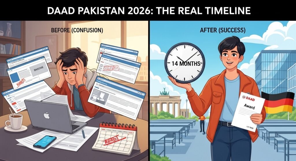 A before and after timeline showing the 14-month process of winning the DAAD scholarship for Pakistani students 2026 in Germany.