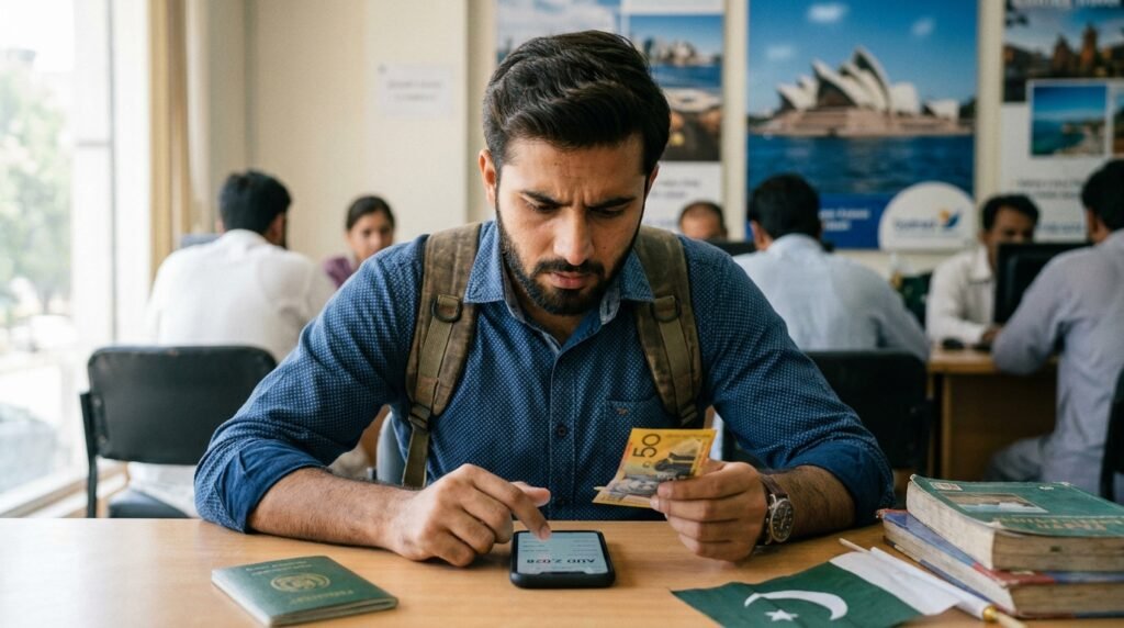 A Cinematic Shot of a Pakistani Student Calculating the Cost of Studying in Australia