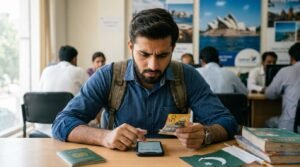 A Cinematic Shot of a Pakistani Student Calculating the Cost of Studying in Australia