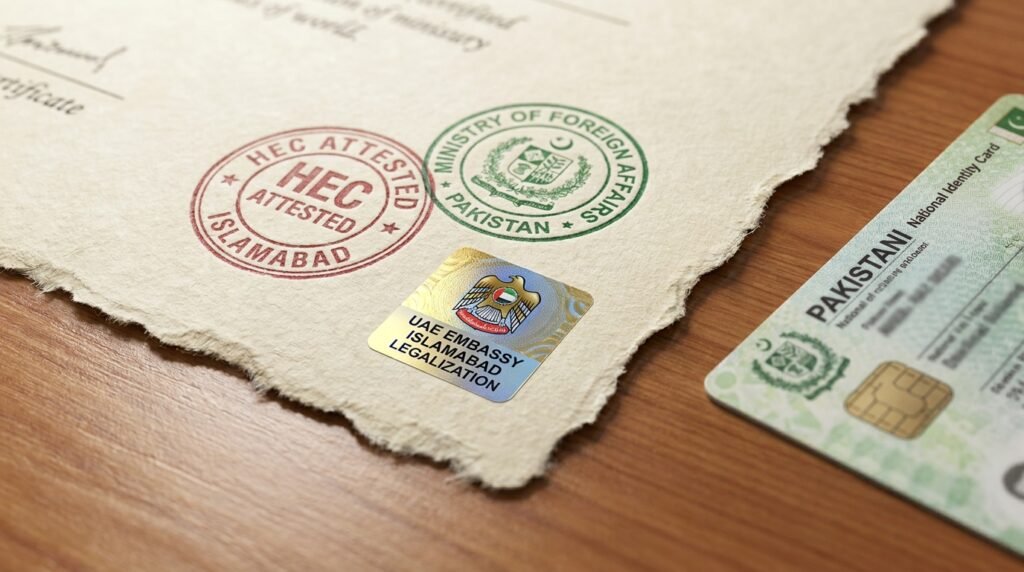 Close-up of a Pakistani HEC degree with official MOFA and UAE Embassy stamps.
