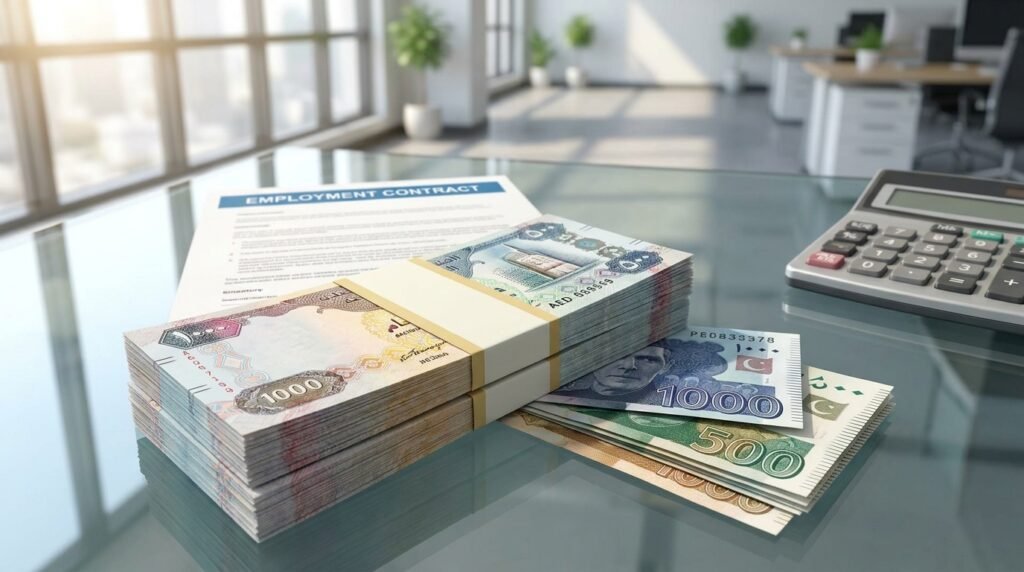 Pakistani Rupees (PKR) and UAE Dirhams (AED) currency exchange concept.