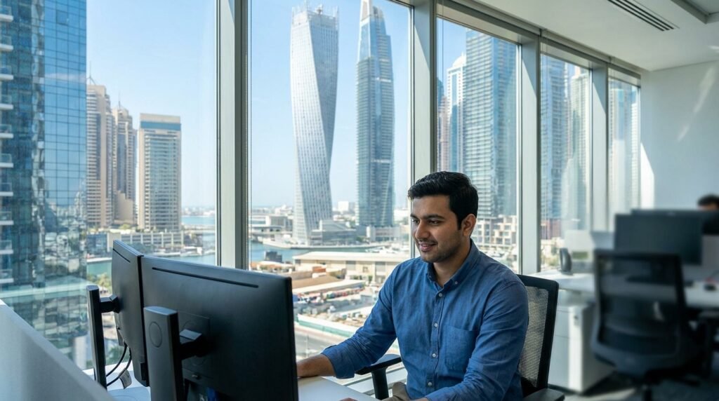 Skilled Pakistani IT professional working comfortably in a modern Dubai office.