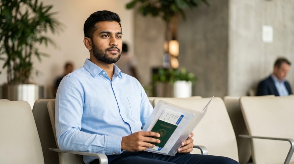 F1 Visa Interview Questions 2026 - Confident Pakistani student waiting with document file for US Embassy interview.