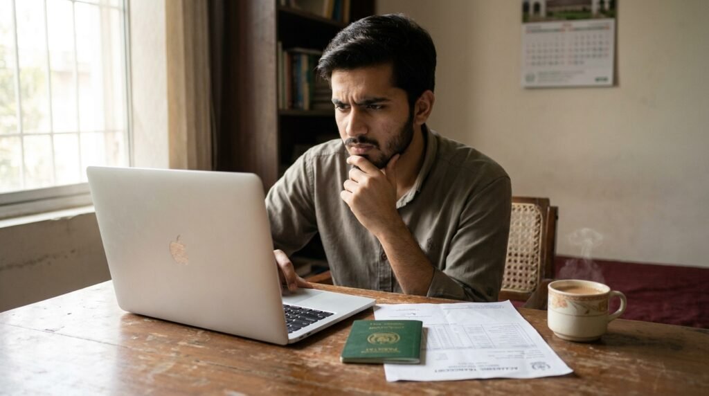 Pakistani student researching APS certificate Germany requirements on laptop